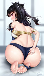 Rule 34 | 1girl, absurdres, adjusting clothes, adjusting panties, ass, bare shoulders, barefoot, black hair, blush, breasts, earrings, fate/grand order, fate (series), feet, from behind, hair ribbon, highres, hoop earrings, huge ass, ishtar (fate), jewelry, kneeling, long hair, looking at viewer, looking back, medium breasts, nail polish, open mouth, panties, parted lips, red eyes, ribbon, shiny skin, sideboob, single thighhigh, solo, stirrup legwear, succuboi, thighhighs, toeless legwear, toenail polish, toenails, toes, tohsaka rin, two side up, underwear
