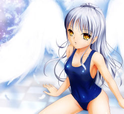 Rule 34 | 10s, 1girl, angel beats!, breasts, checkered floor, covered erect nipples, floor, kgo, long hair, medium breasts, one-piece swimsuit, partially visible vulva, perspective, ponytail, school swimsuit, silver hair, solo, swimsuit, tenshi (angel beats!), wings, yellow eyes