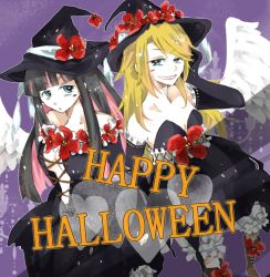 Rule 34 | 10s, 2girls, angel, artist request, bare shoulders, black hair, blonde hair, blue eyes, breasts, cleavage, feathers, flower, grin, halloween, happy halloween, hat, heart, heart-shaped pupils, long hair, multiple girls, panty &amp; stocking with garterbelt, panty (psg), pink hair, siblings, sisters, smile, stocking (psg), symbol-shaped pupils, wings, witch hat