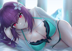 Rule 34 | 1girl, absurdres, aqua bikini, bikini, breasts, cleavage, closed mouth, commentary request, fate/grand order, fate (series), flower, hair flower, hair intakes, hair ornament, highres, indoors, kueru 1285, long hair, looking at viewer, lying, navel, on bed, purple hair, red eyes, scathach (fate), scathach skadi (fate), scathach skadi (swimsuit ruler) (fate), scathach skadi (swimsuit ruler) (final ascension) (fate), solo, stomach, swimsuit, white flower