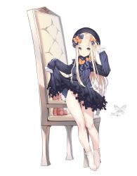 Rule 34 | 1girl, abigail williams (fate), arm up, armchair, black bow, black dress, black hat, blonde hair, blue eyes, blush, bow, bug, butterfly, chair, character name, closed mouth, clothes lift, commentary request, dress, dress lift, fate/grand order, fate (series), feet, forehead, frilled socks, frills, groin, hair bow, hat, highres, hugging object, insect, lifted by self, long hair, long sleeves, multiple hair bows, no panties, no shoes, north+, orange bow, parted bangs, polka dot, polka dot bow, revision, simple background, sleeves past fingers, sleeves past wrists, socks, solo, stuffed animal, stuffed toy, teddy bear, thigh gap, toe socks, very long hair, white background, white socks