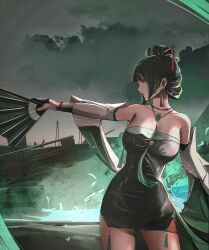 Rule 34 | 1girl, bare shoulders, breasts, chinese clothes, cleavage, cowboy shot, dark green hair, detached sleeves, dress, elbow gloves, fog, gloves, green dress, green theme, hand fan, hanying (punishing: gray raven), highres, holding, holding fan, jewelry, necklace, notgustiarp, outdoors, punishing: gray raven, solo