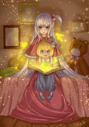 Rule 34 | 2girls, :d, absurdres, alice margatroid, alice margatroid (pc-98), ascot, bad id, bad pixiv id, bed, blonde hair, blue eyes, blue footwear, blue skirt, blush, bob cut, book, bow, capelet, collared shirt, dress, fairy, foot dangle, gown, hair bobbles, hair ornament, hairband, highres, holding, holding book, indoors, light particles, long hair, long skirt, magic, mary janes, miaozi-san, mother and daughter, multiple girls, on bed, open book, open mouth, photo (object), picture frame, pillow, reading, red dress, shinki (touhou), shirt, shoes, short hair, short sleeves, side ponytail, signature, silver hair, sitting, sitting on lap, sitting on person, skirt, smile, star (symbol), stuffed animal, stuffed toy, suspenders, teddy bear, touhou, touhou (pc-98), very long hair, white legwear, white shirt, wooden floor