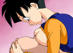 Rule 34 | 1girl, amedama akihito, between breasts, black hair, blue eyes, blush, breast press, breasts, breasts out, closed mouth, clothes lift, dragon ball, dragonball z, faceless, hand on another&#039;s head, happy, looking down, medium breasts, multicolored shirt, nipples, no bra, old school academy, shirt, shirt lift, short hair, simple background, smile, solo focus, videl