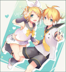 Rule 34 | 1boy, 1girl, ahoge, arm warmers, blonde hair, bow, bowtie, brother and sister, fang, grey eyes, hair bow, heart, holding hands, kagamine len, kagamine len (vocaloid4), kagamine rin, kagamine rin (vocaloid4), kuroi (liar-player), leg warmers, looking at viewer, miniskirt, necktie, sailor collar, short hair, shorts, siblings, signature, skirt, smile, star (symbol), starry background, twins, v, vocaloid