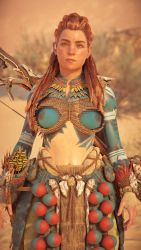 Rule 34 | 1girl, 3d, aloy (horizon), bodypaint, braid, breasts, female focus, freckles, game cg, game console, glitch, highres, horizon (video game), horizon forbidden west, horizon zero dawn, long hair, messy hair, navel, nipples, outdoors, red hair, solo, sweat, tribal, upper body, video game