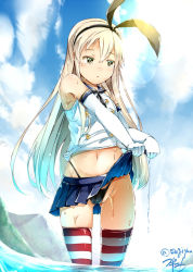 Rule 34 | 10s, 1girl, black panties, blonde hair, elbow gloves, gloves, hairband, highleg, highleg panties, kantai collection, long hair, midriff, miniskirt, navel, panties, sailor collar, shimakaze (kancolle), skirt, solo, striped clothes, striped thighhighs, sugiyuu, thighhighs, underwear, wading, wet, wet clothes, wringing clothes, yellow eyes