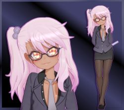 Rule 34 | &gt;:), 1girl, 3d, alternate costume, arms behind back, bespectacled, black-framed eyewear, black footwear, black pantyhose, black skirt, blush, chloe von einzbern, closed mouth, collarbone, dark-skinned female, dark skin, fate/kaleid liner prisma illya, fate (series), female focus, flat chest, full body, glasses, grey necktie, gs-mantis, hair between eyes, hair bobbles, hair ornament, lips, long hair, long sleeves, looking at viewer, multicolored nails, nail polish, naughty face, necktie, no bra, outline, pantyhose, partially unbuttoned, pencil skirt, pink hair, purple background, ruler, shoes, skirt, solo, standing, two-tone background, upper body, v-shaped eyebrows, yellow eyes, zoom layer