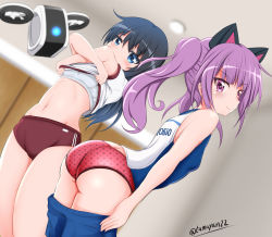 Rule 34 | &gt;:), 2girls, alice gear aegis, animal ears, arched back, ass, bare arms, bare shoulders, black hair, blue eyes, blue shirt, blue shorts, blurry, blurry background, bra, brown buruma, buruma, character name, closed mouth, clothes lift, clothes pull, clothes writing, commentary request, depth of field, dressing, fake animal ears, gym shirt, highres, ichijou ayaka, koashi mutsumi, leaning forward, lifted by self, long hair, looking away, looking to the side, multiple girls, panties, polka dot, polka dot panties, purple eyes, purple hair, red panties, robot, shirt, shirt lift, short shorts, short sleeves, shorts, shorts pull, sidelocks, sleeveless, sleeveless shirt, smile, tamayan, twintails, twitter username, underwear, v-shaped eyebrows, white bra, white shirt