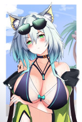 Rule 34 | 1girl, :&lt;, absurdres, alternate costume, animal ear fluff, animal ears, aqua hair, arknights, arm under breasts, bikini, blue bikini, blue sky, blush, breast hold, breasts, cat ears, chinese commentary, cleavage, closed mouth, cloud, cloudy sky, coat, coconut tree, collarbone, covered erect nipples, day, ddddecade, embarrassed, eyelashes, eyewear on head, frown, furrowed brow, glint, gradient hair, green coat, green eyes, hair between eyes, head tilt, highres, jewelry, kal&#039;tsit (arknights), large breasts, looking at viewer, material growth, medium hair, multicolored hair, open clothes, open coat, oripathy lesion (arknights), outdoors, palm tree, pendant, scowl, silver hair, sky, solo, sunglasses, sweat, sweatdrop, swimsuit, tree, two-tone hair, upper body
