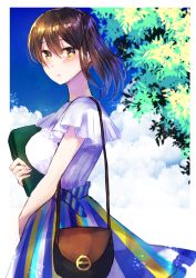 Rule 34 | 1girl, absurdres, alternate costume, bag, brown hair, dress, from side, handbag, highres, kaga (kancolle), kantai collection, long skirt, looking at viewer, mochiko (mocchikkoo), short sleeves, side ponytail, skirt, solo, striped clothes, striped skirt, tree, yellow eyes