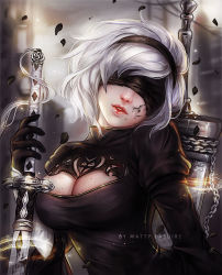 Rule 34 | 1girl, artist name, black dress, black gloves, blindfold, blurry, breasts, chain, commentary, depth of field, dress, english text, gloves, hairband, head tilt, matty lasuire, medium breasts, mole, mole under mouth, nier:automata, nier (series), parted lips, petals, realistic, silver hair, solo, swept bangs, sword, upper body, weapon, 2b (nier:automata)