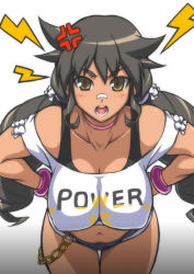 Rule 34 | 1girl, anger vein, angry, bare shoulders, black hair, blush, breasts, brown eyes, cleavage, collarbone, covered erect nipples, denim, denim shorts, hands on own hips, large breasts, leaning forward, long hair, looking at viewer, micro shorts, navel, open mouth, otoo (izanagi), red king, red king (ultra series), short shorts, shorts, solo, ultra kaijuu gijinka keikaku, ultra series, very long hair