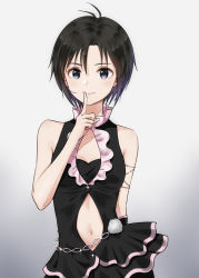 Rule 34 | 1girl, antenna hair, arm behind back, armlet, bare arms, black dress, black eyes, blush, breasts, chain, cleavage, cleavage cutout, clothing cutout, collar, collarbone, dress, finger to mouth, frilled collar, frills, gradient background, hand up, highres, idolmaster, idolmaster (classic), idolmaster 2, kikuchi makoto, light blush, looking at viewer, mogskg, navel, navel cutout, short hair, simple background, sleeveless, sleeveless dress, small breasts, smile, solo, upper body