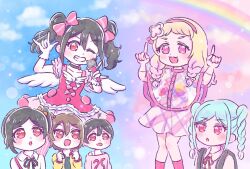 1boy 5girls :3 :d :o ;d \m/ abukero ahoge arm_up arms_up backpack bag black_bag black_hair black_ribbon blonde_hair blue_hair blue_sky bow braid braided_twintails brother_and_sister brown_hair clenched_hands collarbone collared_shirt commentary_request double_\m/ dress feet_out_of_frame gloves gradient_hair gradient_sky hair_between_eyes hair_bow hairband hands_up highres holding holding_microphone index_fingers_raised jacket light_blue_hair long_hair love_live! love_live!_school_idol_project love_live!_superstar!! low_twin_braids medium_hair microphone multicolored_hair multiple_girls neck_ribbon no_rain_no_rainbow_(love_live!) official_alternate_costume one_eye_closed onitsuka_natsumi onitsuka_tomari open_clothes open_jacket open_mouth parted_bangs pink_bow pink_dress pink_eyes pink_hair pink_hairband pink_shirt pink_sky pink_socks rain_poncho rainbow red_eyes ribbon see-through_clothes see-through_raincoat shirt short_dress short_hair siblings side_ponytail sidelocks single_off_shoulder sisters sky sleeveless sleeveless_dress smile socks twin_braids twintails white_gloves white_shirt white_wings wings yazawa_cocoa yazawa_cocoro yazawa_cotaro yazawa_nico yellow_jacket