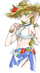 Rule 34 | 1girl, 203wolves, bikini, blonde hair, blush, bracelet, breasts, cleavage, closed mouth, cropped legs, flower, front-tie bikini top, front-tie top, hair between eyes, hat, hat flower, hibiscus, jewelry, long hair, medium breasts, red flower, sarong, sideboob, sketch, solo, straight hair, straw hat, sun hat, swimsuit, tenjouin asuka, very long hair, white background, white bikini, yellow eyes, yellow hat, yu-gi-oh!, yu-gi-oh! gx