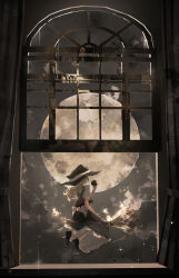 Rule 34 | 1girl, absurdres, aimu (hwfdx), apple, black footwear, black hat, black skirt, black vest, blonde hair, bow, broom, broom riding, cloud, commentary, curtains, facing away, floral print, food, frilled skirt, frills, fruit, full moon, hand up, hat, highres, holding, holding food, holding fruit, kirisame marisa, long hair, moon, night, night sky, open window, puffy short sleeves, puffy sleeves, rose print, shirt, shoes, short sleeves, skirt, skirt set, sky, solo, sparkle, touhou, vest, waist bow, white bow, white shirt, wide shot, window