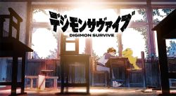 Rule 34 | 1boy, agumon, black eyes, black hair, black shirt, blue jacket, broken window, chair, classroom, claws, creature, day, desk, digimon, digimon (creature), digimon survive, goggles, goggles on head, green eyes, grey pants, hood, hooded jacket, indoors, jacket, key visual, logo, looking at another, momotsuka takuma, official art, on chair, pants, promotional art, red-framed eyewear, school chair, school desk, shirt, shoes, sitting, smile, sneakers, standing, standing on chair, sunlight, tail, ukumo uichi, white footwear, white jacket
