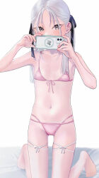 Rule 34 | 1girl, bikini, black ribbon, blush, cellphone, commentary, covering own mouth, flat chest, front-tie bikini top, front-tie top, grey eyes, grey hair, hair ribbon, holding, holding phone, kneeling, long hair, looking at viewer, nakamura kuzuyu, navel, original, phone, pink bikini, ribbon, see-through, see-through legwear, smartphone, solo, swimsuit, symbol-only commentary, symbol-shaped pupils, thighhighs, white background