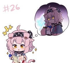 Rule 34 | 1girl, :o, animal ears, arknights, black hairband, blue bow, blush, bow, braid, cat ears, cat girl, cat tail, chibi, coat, collar, goldenglow (arknights), hair bow, hairband, id card, imagining, kurotofu, lanyard, lightning bolt print, long hair, long sleeves, numbered, open mouth, pink coat, pink hair, reading, side braid, simple background, solo, tail, thought bubble, white background, yellow eyes
