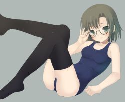 Rule 34 | brown hair, chitosezaka suzu, glasses, green eyes, one-piece swimsuit, original, school swimsuit, short hair, solo, swimsuit, thighhighs