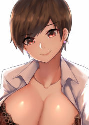 Rule 34 | 1girl, black bra, bra, breasts, brown hair, cleavage, collarbone, earrings, highres, jewelry, lace, lace bra, large breasts, light smile, looking at viewer, norman maggot, office lady, olive laurentia, open clothes, open shirt, original, pixie cut, shirt, short hair, simple background, solo, underwear, upper body, white background, white shirt