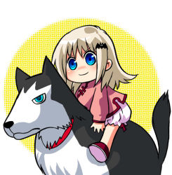 Rule 34 | 1girl, bloomers, blue eyes, collar, dog, little busters!, mgk968, noumi kudryavka, riding, smile, solo, strelka, underwear, white hair, aged down