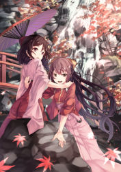 Rule 34 | 10s, 2girls, anchor, autumn, autumn leaves, bad id, bad pixiv id, blush, bow, bridge, brown hair, cliff, commentary request, drill hair, floating hair, hair bow, hakama, hakama skirt, hand on another&#039;s shoulder, harukaze (kancolle), highres, hug, japanese clothes, kamikaze (kancolle), kantai collection, kimono, long hair, long sleeves, looking at viewer, meiji schoolgirl uniform, multiple girls, oil-paper umbrella, outdoors, parasol, pink bow, pink hakama, pink skirt, plant, pleated skirt, railing, red eyes, red skirt, red umbrella, rock, saraki, skirt, tareme, tree, twin drills, umbrella, very long hair, water, waterfall, wide sleeves, wind, yellow bow