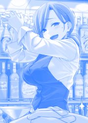 Rule 34 | 1girl, :d, bar (place), bartender, blue theme, blush, bottle, bouncing breasts, breasts, buttons, ceiling light, character request, comic, commentary request, cup, drinking glass, eye contact, getsuyoubi no tawawa, hair ornament, hairclip, himura kiseki, indoors, large breasts, light, long hair, long sleeves, looking at another, looking at viewer, low ponytail, monochrome, motion lines, open mouth, original, pov, raised eyebrows, sexually suggestive, shaking, shelf, shirt, silent comic, sleeve cuffs, smile, solo focus, sparkle, sweat, sweatdrop, tareme, vest