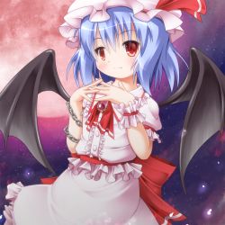 Rule 34 | 1girl, bat wings, blush, brooch, chain, fang, female focus, full moon, hat, jewelry, kanna hisashi, moon, red eyes, red moon, remilia scarlet, short hair, skirt, skirt set, slit pupils, smile, solo, touhou, wings, wrist cuffs
