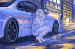 Rule 34 | 1girl, bare shoulders, blue hair, building, car, closed eyes, closed mouth, commentary request, dress, high heels, highres, long hair, momo hiki, motor vehicle, night, nissan s15 silvia, nissan silvia, original, personification, road, shawl, solo, squatting, street, urban, vehicle focus