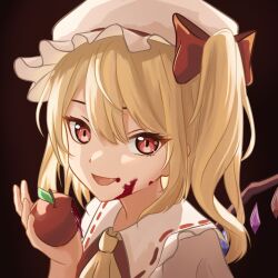 Rule 34 | 1girl, apple, ascot, blonde hair, chinese commentary, chunjiu, crystal, fang, flandre scarlet, food, fruit, hair between eyes, hat, highres, holding, holding food, holding fruit, long hair, mob cap, one side up, open mouth, red eyes, shirt, short sleeves, smile, solo, touhou, white hat, white shirt, wings, yellow ascot
