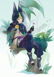 Rule 34 | 1boy, absurdres, animal ear fluff, animal ears, asymmetrical sleeves, black gloves, black hair, blue footwear, blue pants, blue shirt, boots, closed mouth, commentary, drawstring, earrings, flower, full body, genshin impact, gloves, green eyes, green hair, hand on own cheek, hand on own face, hand up, highres, holding, holding flower, jewelry, lettereast, male focus, multicolored hair, pants, shirt, single earring, sitting, smile, solo, streaked hair, tighnari (genshin impact), yellow flower