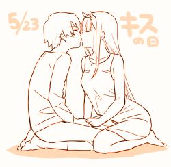 Rule 34 | 10s, 1boy, 1girl, barefoot, beige, closed eyes, collarbone, couple, darling in the franxx, face-to-face, hair ornament, hairband, hetero, hiro (darling in the franxx), holding hands, horns, kiss, long hair, lowres, monochrome, nightgown, oni horns, orange theme, pajamas, seiza, short hair, sitting, sleeveless, toma (norishio), translation request, zero two (darling in the franxx)