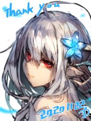 Rule 34 | 1girl, ahoge, bare shoulders, blue flower, closed mouth, commentary request, dated, flower, hair between eyes, hair flower, hair ornament, long hair, looking at viewer, looking to the side, mole, mole under eye, original, pointy ears, red eyes, signature, silver hair, smile, solo, thank you, upper body, white background, yuuji (yukimimi)