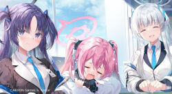 Rule 34 | 3girls, black gloves, blue archive, blue necktie, blunt bangs, breasts, closed eyes, closed mouth, cloud, cloudy sky, collared shirt, crying, fingerless gloves, gloves, hair between eyes, halo, indoors, koyuki (blue archive), long hair, medium breasts, miwabe sakura, multiple girls, necktie, noa (blue archive), official art, open mouth, pink hair, purple hair, school uniform, shirt, sidelocks, sitting, sky, smile, streaming tears, tears, triangle hair ornament, twintails, white hair, white shirt, yuuka (blue archive)