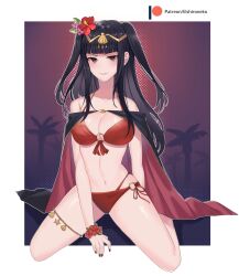 Rule 34 | 1girl, absurdres, alternate costume, bikini, black eyes, black hair, breasts, cleavage, commentary, english commentary, fire emblem, fire emblem awakening, fire emblem heroes, highres, lilshironeko, looking at viewer, medium breasts, nintendo, o-ring, o-ring bikini, official alternate costume, red bikini, smile, solo, swimsuit, tharja (fire emblem), tharja (summer) (fire emblem), two-tone cape