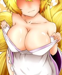 Rule 34 | 1girl, apron, bare shoulders, blonde hair, breasts, cleavage, female focus, fox tail, highres, large breasts, multiple tails, naked apron, shaded face, short hair, smile, solo, tail, touhou, yakumo ran, yuuki (yukigeshou hyouka)