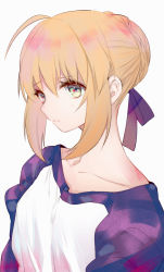 Rule 34 | 1girl, absurdres, ahoge, artoria pendragon (all), artoria pendragon (fate), blonde hair, blue ribbon, blush, braid, closed mouth, collarbone, commentary request, fate/stay night, fate (series), green eyes, hair between eyes, hair ribbon, highres, long sleeves, portrait, raglan sleeves, ribbon, saber (fate), short hair, sidelocks, solo, suzuakks, upper body, white background