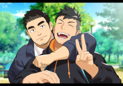 Rule 34 | 2boys, arm around neck, bara, black hair, black hoodie, black jacket, closed eyes, closed mouth, day, facial hair, goatee stubble, happy, home towm (mentaiko), hood, hoodie, itto (mentaiko), jacket, long sideburns, looking at viewer, male focus, multiple boys, original, outdoors, promotional art, shirt, short hair, sideburns, sideburns stubble, sky, smile, stubble, sunlight, thick eyebrows, upper body, v, white shirt