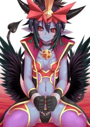 Rule 34 | 1girl, bad id, bad pixiv id, bare shoulders, black gloves, black sclera, black wings, blue hair, blue skin, choker, collarbone, colored sclera, colored skin, cuffs, demon girl, demon tail, frown, gloves, head tilt, highres, horns, jewelry, long hair, low wings, mephisto pheles (shinrabanshou), midriff, navel, necklace, pendant, pointy ears, red eyes, restrained, shinrabanshou, sitting, solo, sweat, tail, thighhighs, thighs, very long hair, wariza, wings, zyugoya