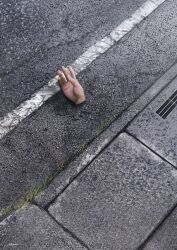 Rule 34 | commentary request, concrete, disembodied hand, drain (object), fingernails, fracoco, grass, hand focus, highres, horror (theme), no humans, original, plant, road, sidewalk, signature