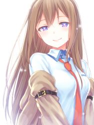 1girl between_breasts blue_eyes breasts brown_hair coat collared_shirt female_focus long_hair looking_at_viewer makise_kurisu mizuki_riko necktie necktie_between_breasts off_shoulder shirt smile solo steins;gate upper_body white_background