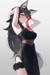 Rule 34 | 1girl, animal ear fluff, animal ears, black dress, black hair, blush, breasts, closed mouth, covered navel, daika!!, dress, hair ornament, hairpin, highres, hololive, large breasts, long hair, looking at another, looking at viewer, multicolored hair, ookami mio, orange eyes, pelvic curtain, red hair, simple background, sleeveless, sleeveless dress, smile, solo, streaked hair, tail, tail around own leg, thighs, virtual youtuber, white background, wolf ears, wolf girl, wolf tail