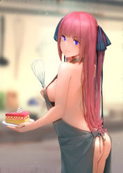 Rule 34 | 1girl, aduo, apron, ass, backlighting, bare arms, bare back, bare shoulders, black apron, black ribbon, blunt bangs, blurry, blurry background, blush, breasts, cake, cake slice, closed mouth, commentary request, cowboy shot, depth of field, food, from behind, go-toubun no hanayome, hair ribbon, highres, holding, holding plate, looking at viewer, looking back, medium breasts, nakano nino, naked apron, pink hair, plate, purple eyes, ribbon, sideboob, solo, straight hair, two side up, v-shaped eyebrows, whisk