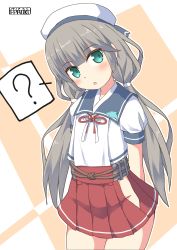 Rule 34 | 1girl, ?, arms behind back, blush, brown hair, commentary request, green eyes, hat, highres, kantai collection, long hair, looking at viewer, low twintails, mikura (kancolle), no panties, open mouth, pepatiku, school uniform, signature, simple background, solo, twintails, wardrobe malfunction