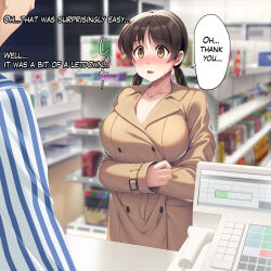 Rule 34 | 1boy, 1girl, arms under breasts, blurry, blurry background, blush, breasts, brown hair, buttons, cash register, coat, collarbone, convenience store, counter, cowboy shot, crossed arms, english text, exhibitionism, feet out of frame, female pervert, groin, hair tie, indoors, large breasts, long coat, long sleeves, looking at another, naked coat, navel, nose blush, nude, open clothes, opened by self, original, paid reward available, parted lips, pervert, public indecency, shop, solo focus, speech bubble, standing, stomach, sweat, twintails, udonko072, yellow eyes