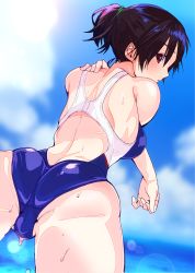 Rule 34 | 1girl, akiyama sunao, ass, bad id, bad pixiv id, black hair, blue sky, blue one-piece swimsuit, brown eyes, cloud, competition swimsuit, cowboy shot, day, from behind, highres, lens flare, looking at viewer, looking back, one-piece swimsuit, original, outdoors, ponytail, short hair, short ponytail, sky, solo, stretching, swimsuit, water, wet