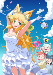 Rule 34 | 4girls, absurdres, ahoge, animal ear fluff, animal ears, armpits, arms up, bare shoulders, blonde hair, blue sky, blunt bangs, bouquet, bouquet toss, braid, breasts, cat ears, character request, chibi, chiffon (maimai), cleavage, cloud, collarbone, commentary request, dress, eggman (pixiv28975023), flower, forehead, gloves, green eyes, green ribbon, hair ornament, highres, jewelry, legs apart, long bangs, long hair, looking to the side, maimai (game), multiple girls, necklace, open mouth, original, outdoors, ribbon, rose, shadow, sky, strapless, strapless dress, sweatdrop, teeth, thick eyebrows, upper teeth only, v-shaped eyebrows, wedding dress, white dress, white flower, white gloves, white rose
