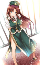 Rule 34 | 1girl, arms behind back, bow, braid, breasts, chinese clothes, dutch angle, female focus, full body, hair bow, hair ornament, hat, head tilt, highres, hong meiling, jpeg artifacts, large breasts, long hair, looking at viewer, monety, navel, no socks, puffy sleeves, red hair, shirt, shoes, short sleeves, side slit, skirt, skirt set, smile, solo, star (symbol), touhou, twin braids, vest